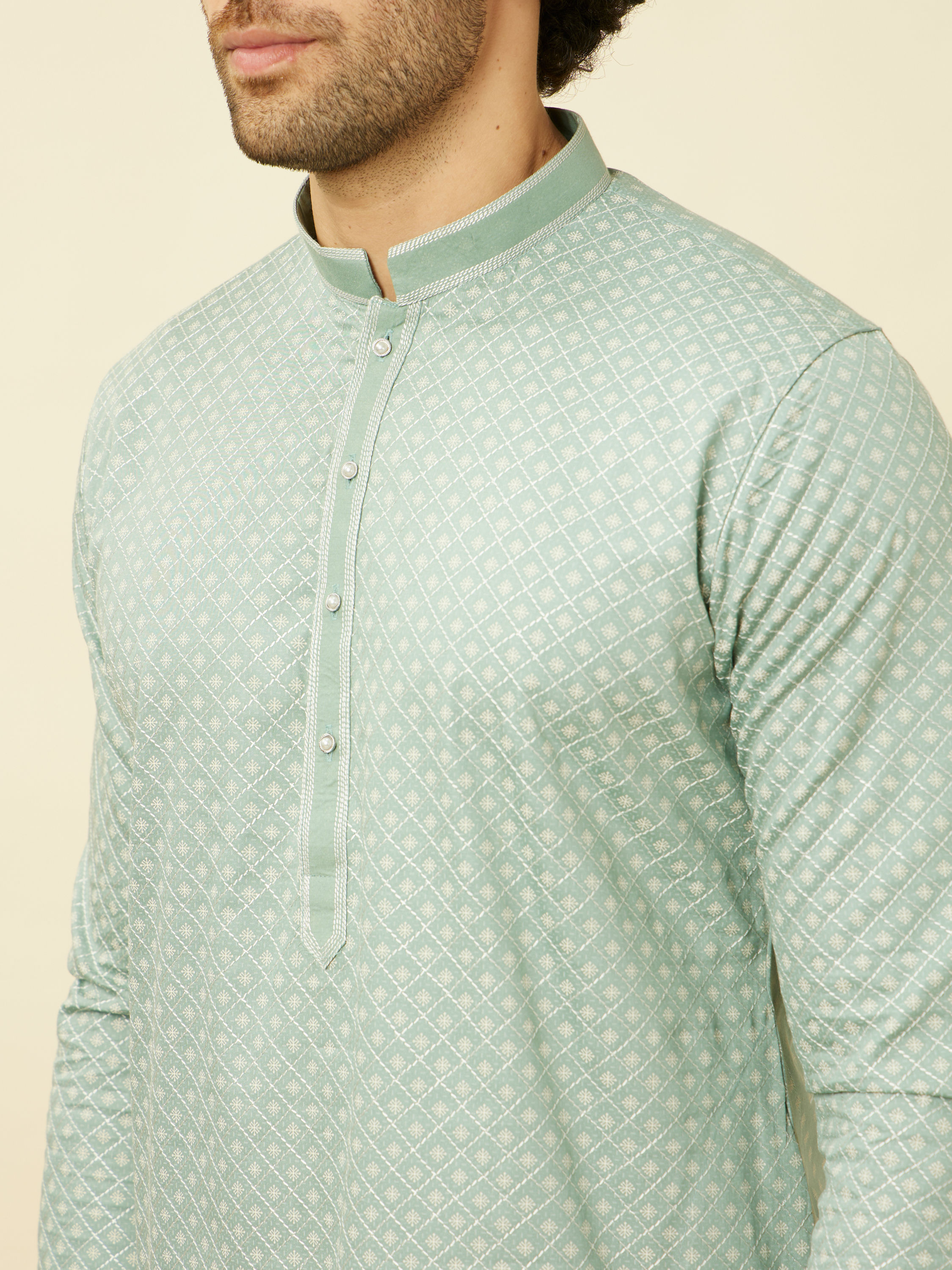 Manyavar Men Turkish Green Diamond Patterned Kurta Set