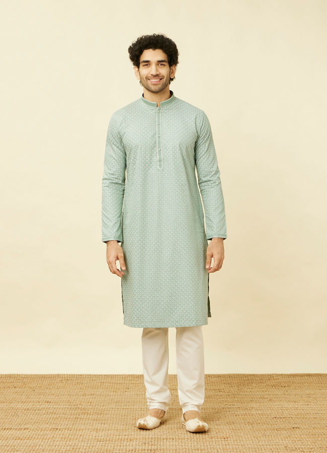 alt message - Manyavar Men Turkish Green Diamond Patterned Kurta Set image number 2