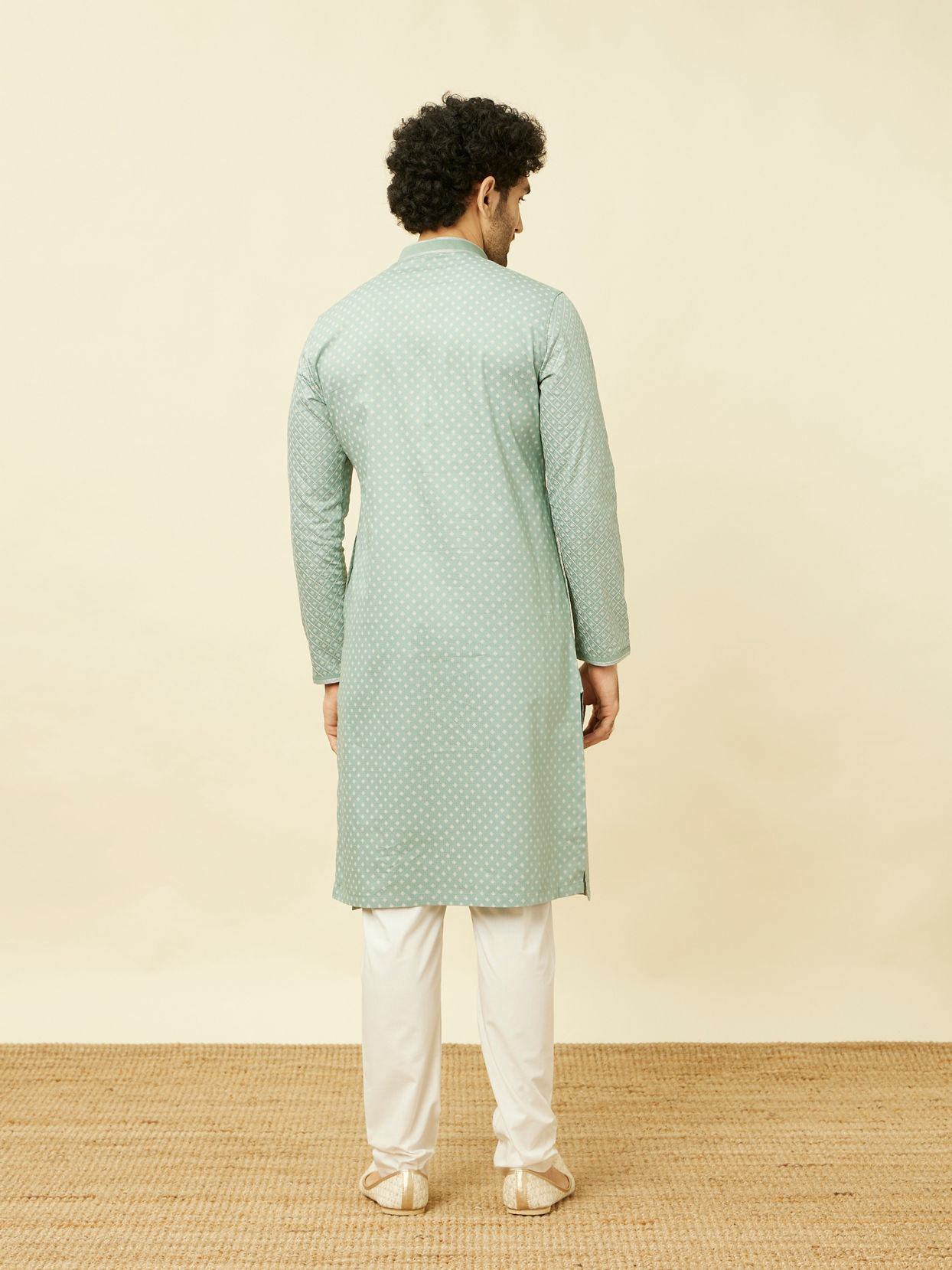 Manyavar Men Turkish Green Diamond Patterned Kurta Set