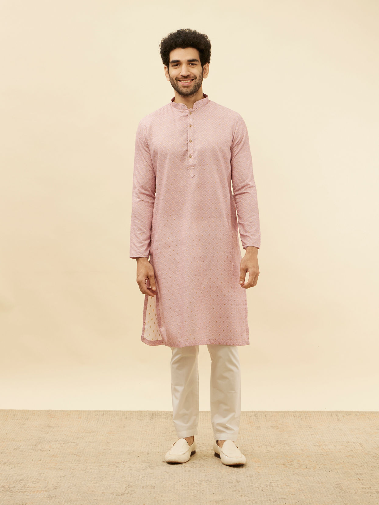 Manyavar Men Cherry Blossom Pink Harlequin Patterned Kurta Set