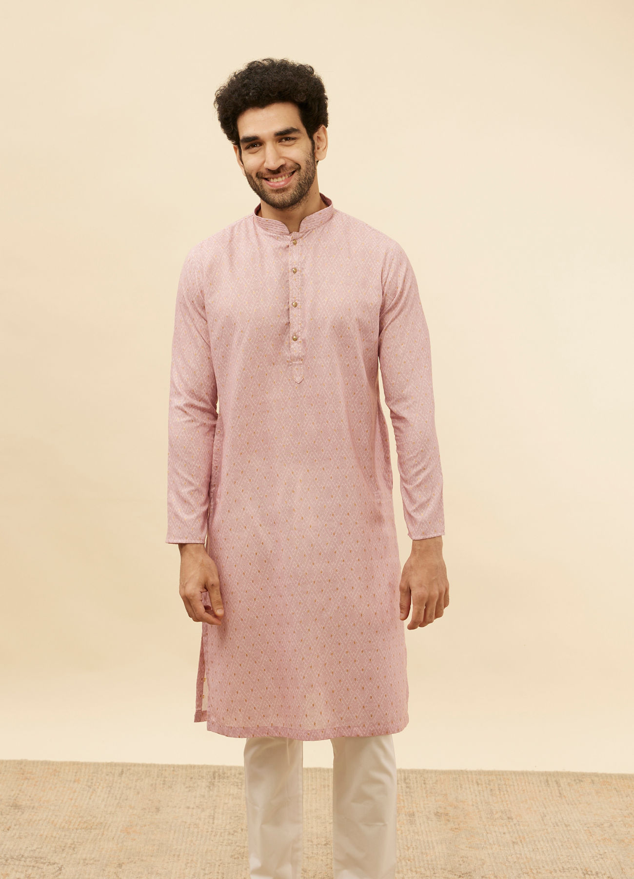Manyavar Men Cherry Blossom Pink Harlequin Patterned Kurta Set