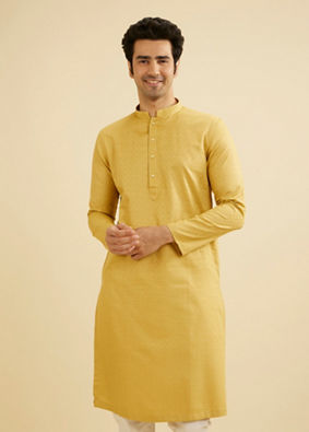 Manyavar Men Crayola Yellow Diamond Patterned Kurta Set image number 0