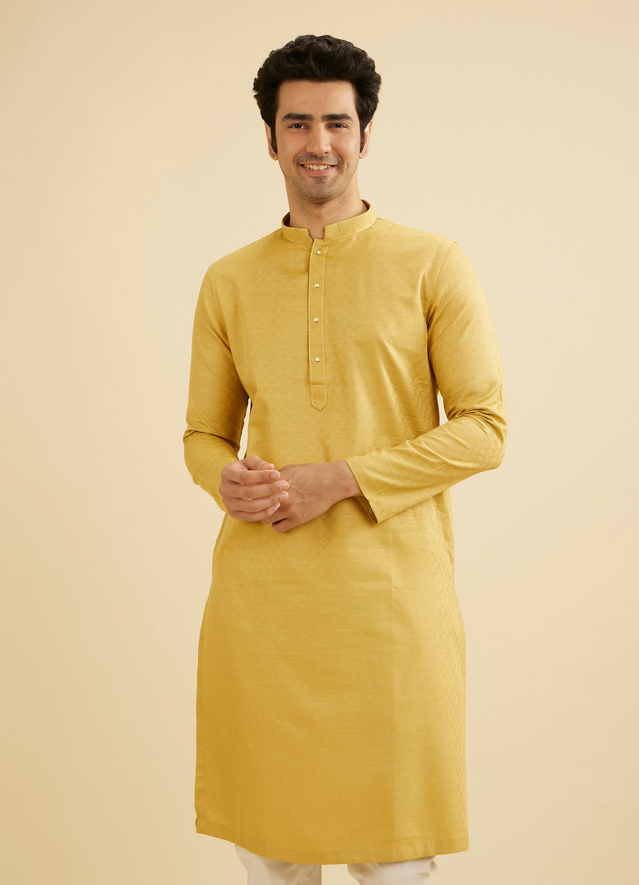 Manyavar Men Crayola Yellow Diamond Patterned Kurta Set