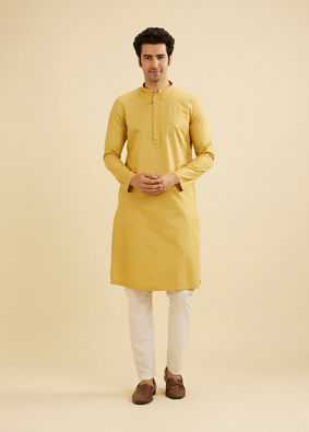 Manyavar Men Crayola Yellow Diamond Patterned Kurta Set image number 2