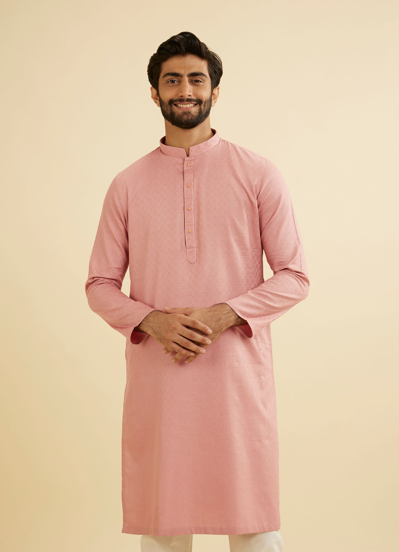 Manyavar Men Coral Pink Jaal Patterned Kurta Set