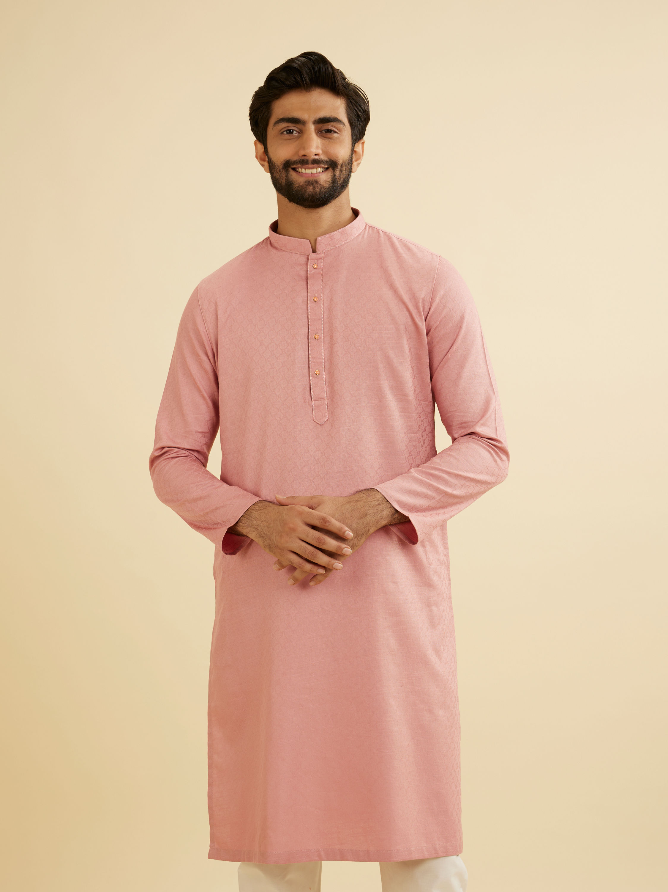 Manyavar Men Coral Pink Jaal Patterned Kurta Set