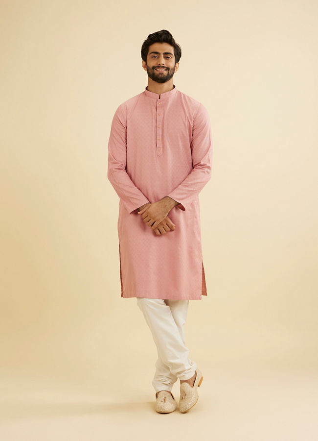 Manyavar Men Coral Pink Jaal Patterned Kurta Set