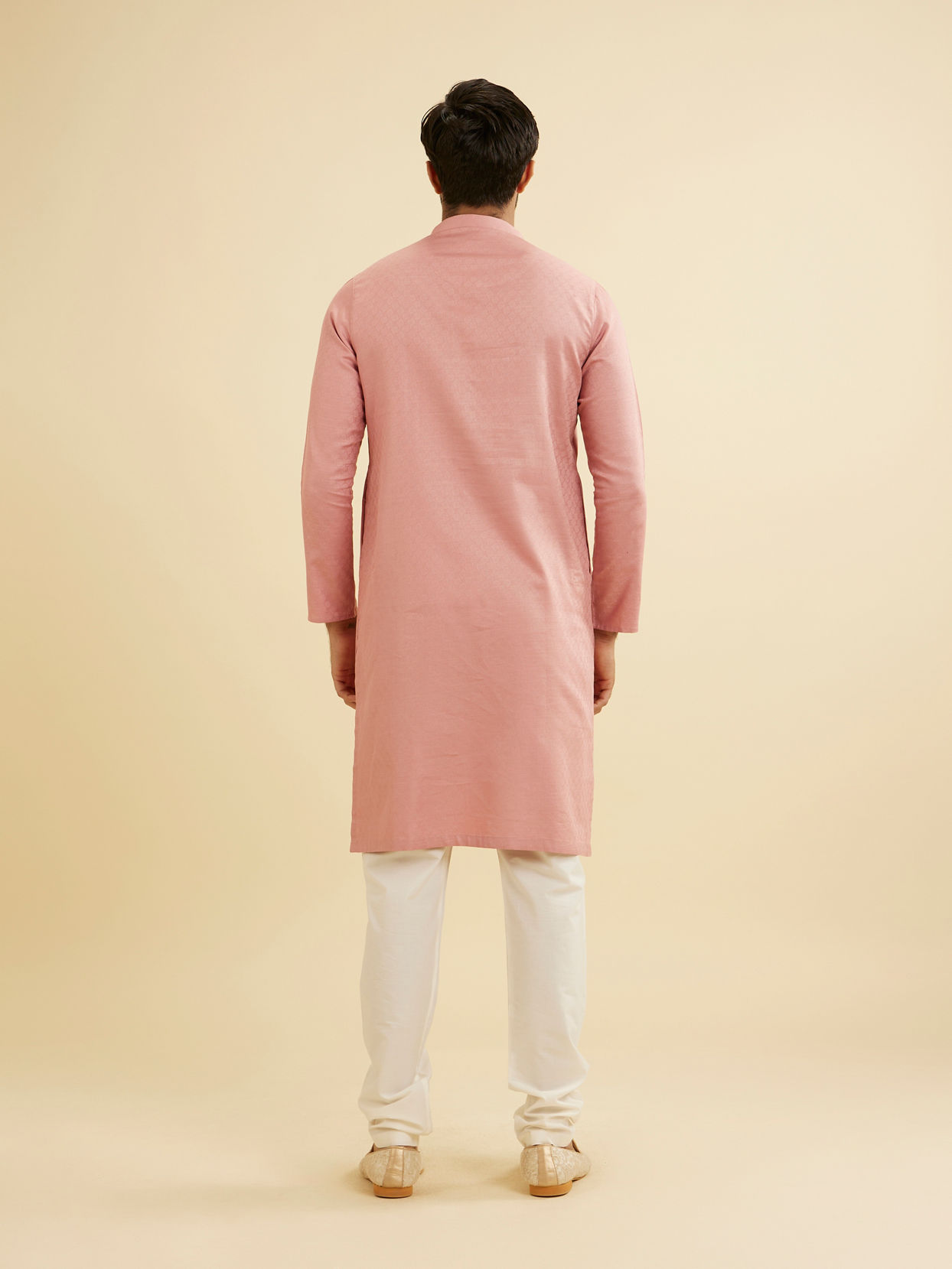 Manyavar Men Coral Pink Jaal Patterned Kurta Set