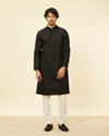 Manyavar Men Charcoal Black Self Stripe Patterned Kurta Set