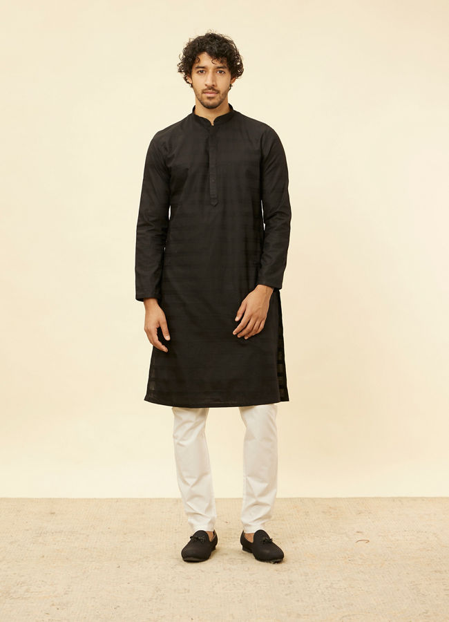 alt message - Manyavar Men Charcoal Black Self Stripe Patterned Kurta Set image number 2