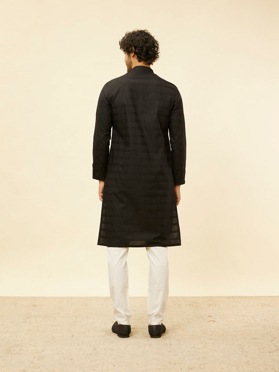 Manyavar Men Charcoal Black Self Stripe Patterned Kurta Set