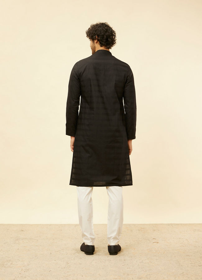 Manyavar Men Charcoal Black Self Stripe Patterned Kurta Set