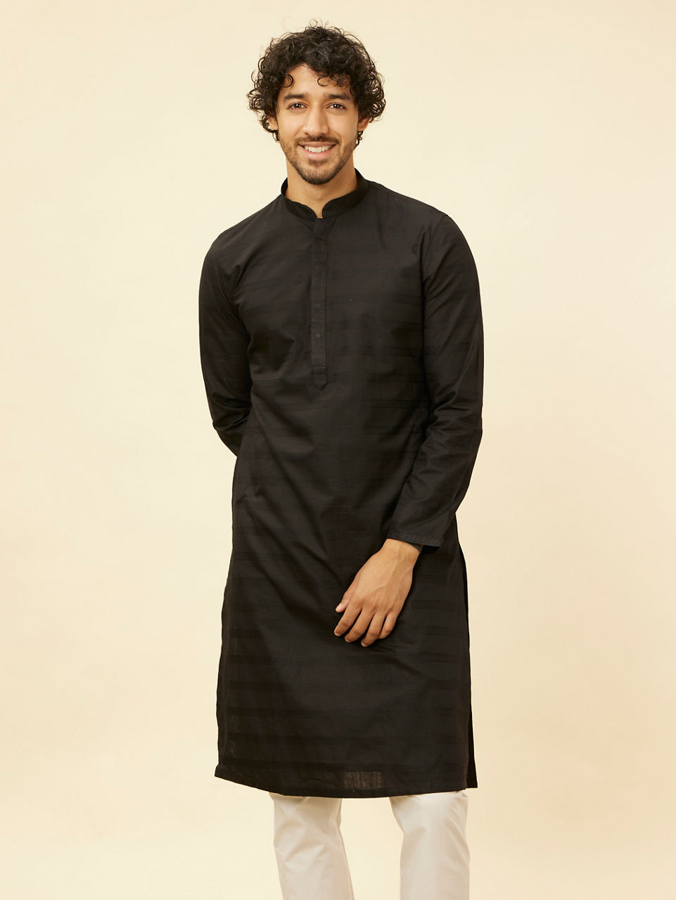 Manyavar Men Charcoal Black Self Stripe Patterned Kurta Set