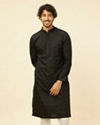 alt message - Manyavar Men Charcoal Black Self Stripe Patterned Kurta Set image number 0