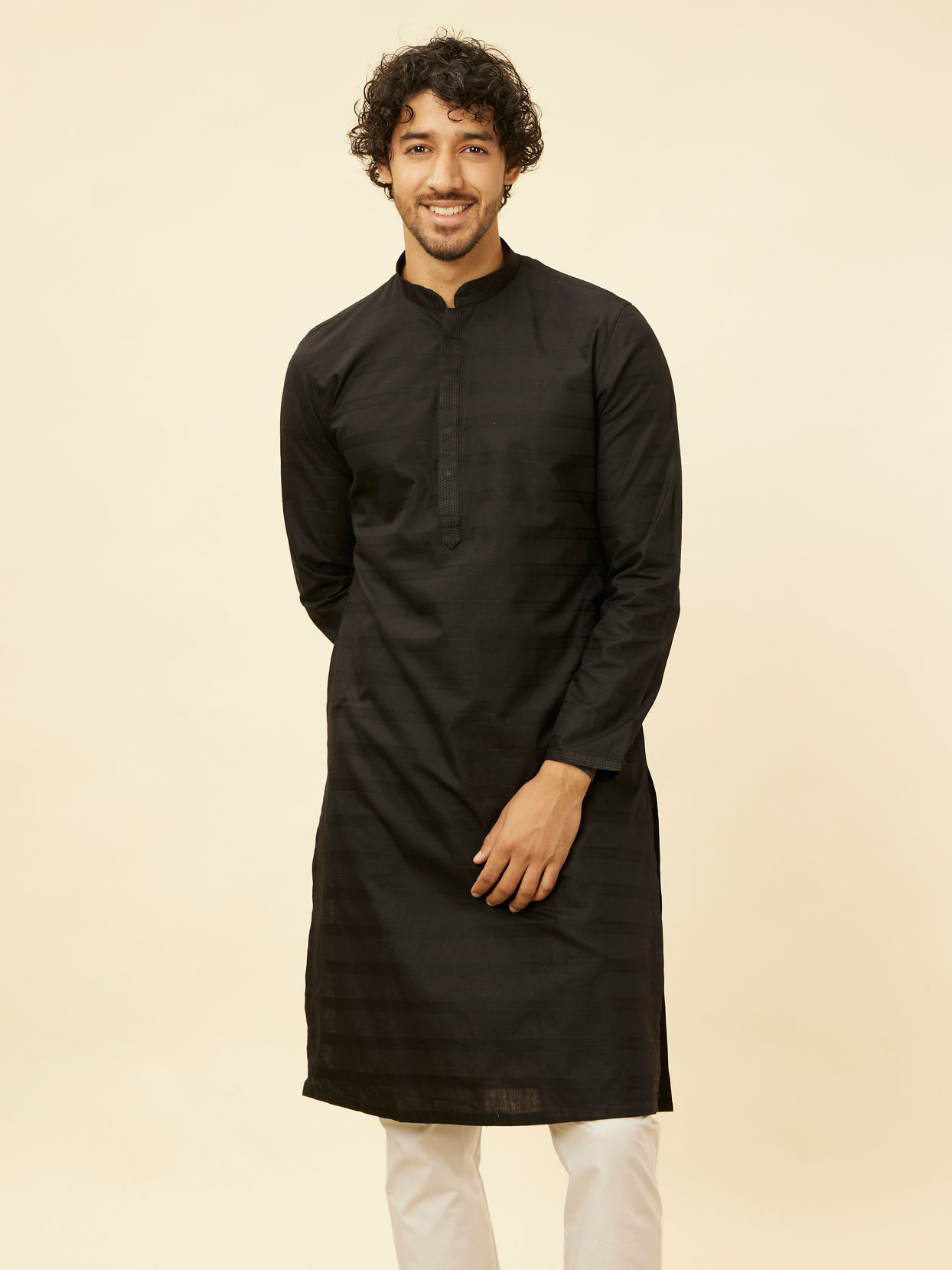 alt message - Manyavar Men Charcoal Black Self Stripe Patterned Kurta Set image number 0