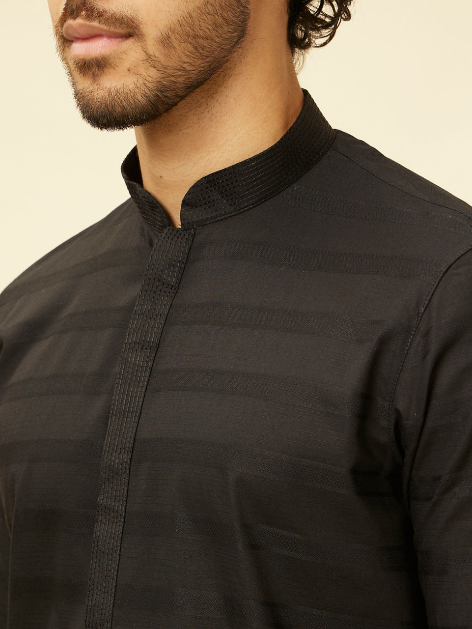 Manyavar Men Charcoal Black Self Stripe Patterned Kurta Set