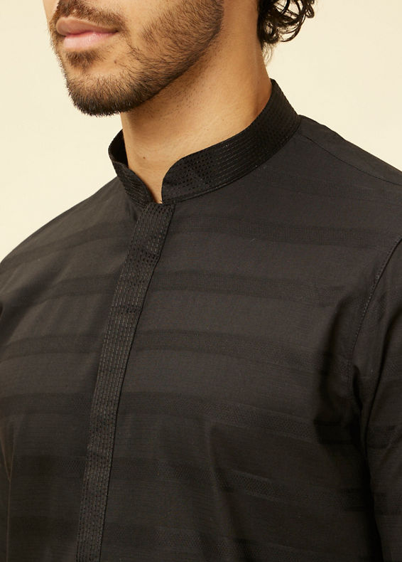 Manyavar Men Charcoal Black Self Stripe Patterned Kurta Set