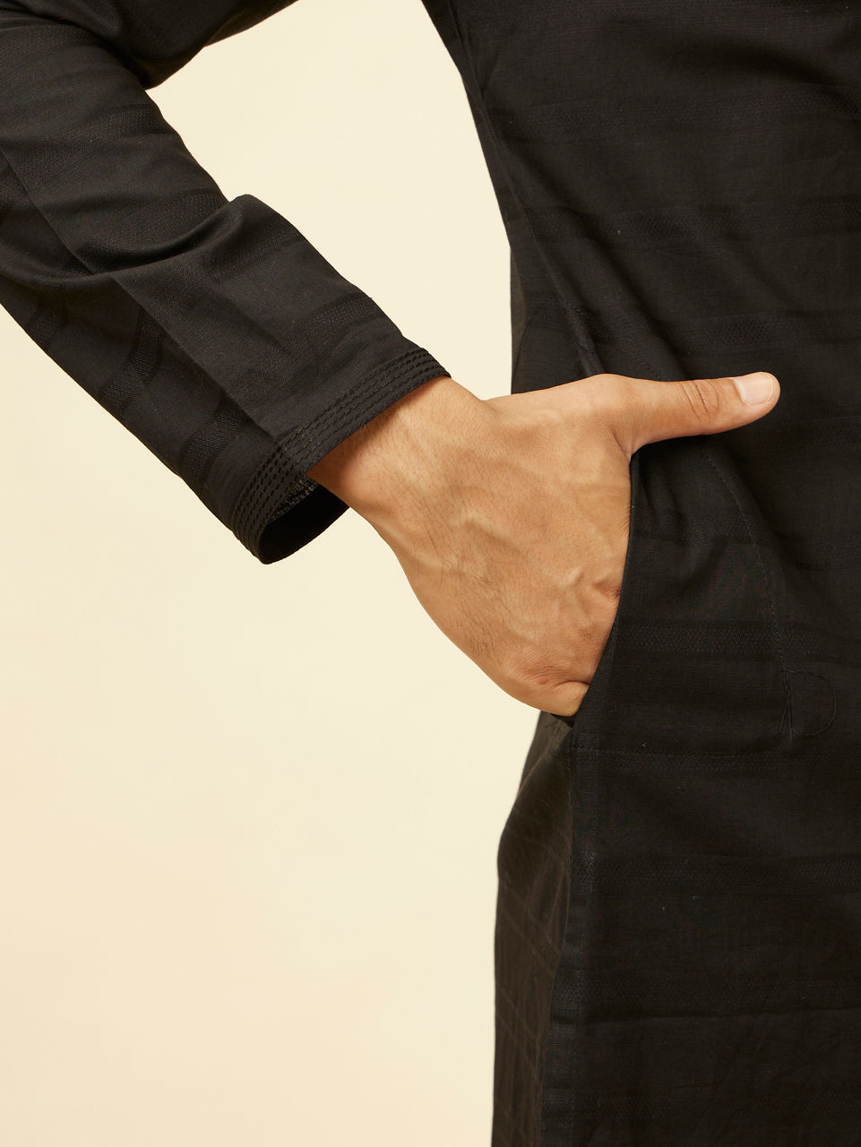 Manyavar Men Charcoal Black Self Stripe Patterned Kurta Set