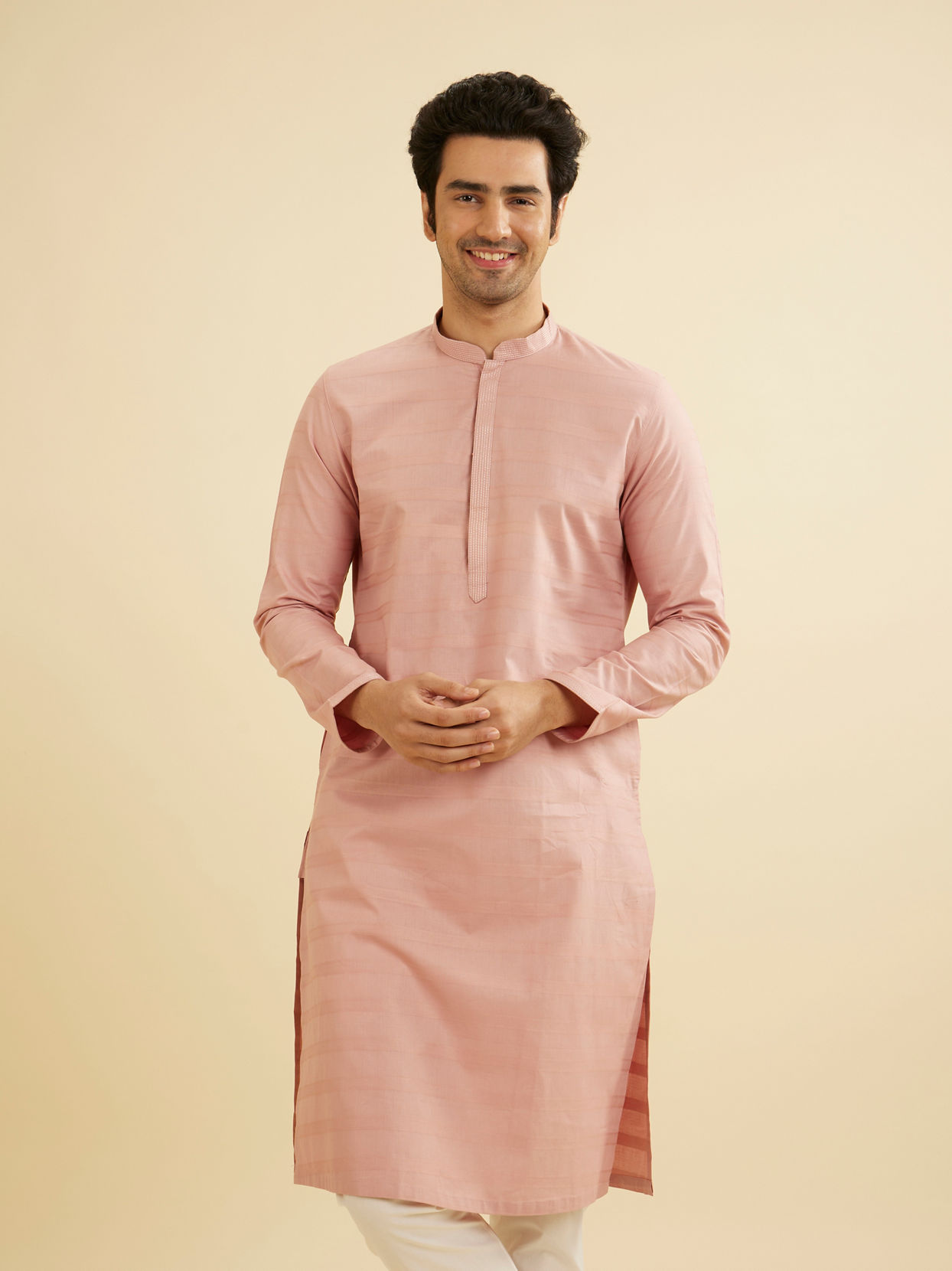 Manyavar Men Rosewater Pink Horizontal Striped Kurta Set