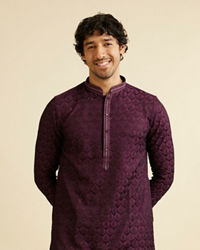 Manyavar Men Dark Purple Jaal Patterned Kurta Set with Rhinestones