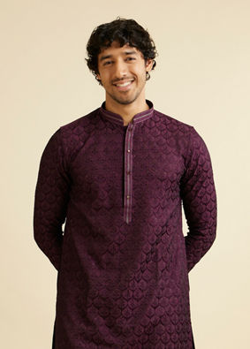 Manyavar Men Dark Purple Jaal Patterned Kurta Set with Rhinestones image number 0