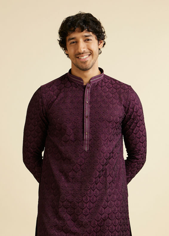 Manyavar Men Dark Purple Jaal Patterned Kurta Set with Rhinestones