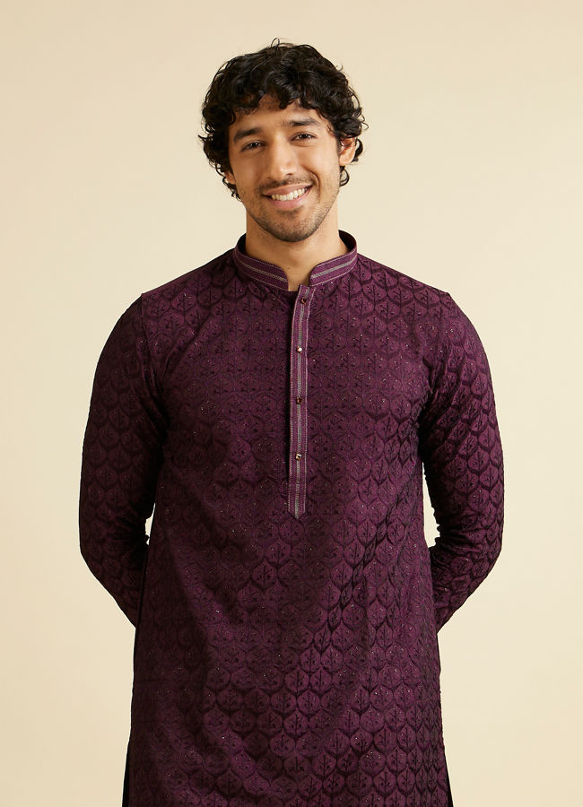 alt message - Manyavar Men Dark Purple Jaal Patterned Kurta Set with Rhinestones image number 0