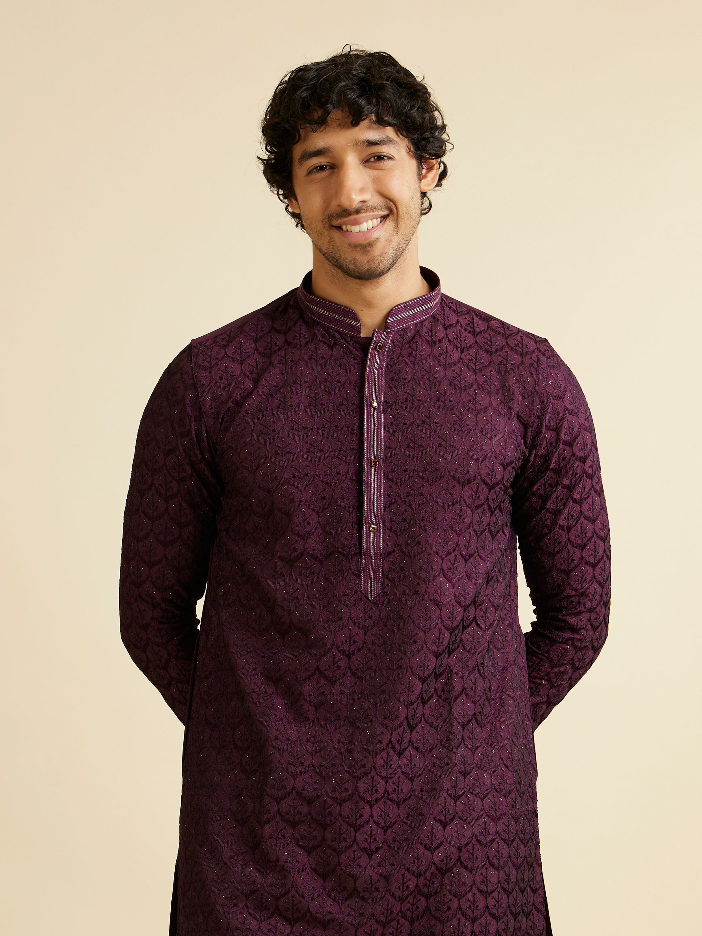 Manyavar Men Dark Purple Jaal Patterned Kurta Set with Rhinestones