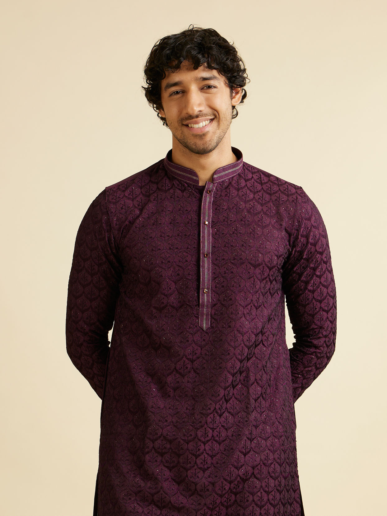 alt message - Manyavar Men Dark Purple Jaal Patterned Kurta Set with Rhinestones image number 0