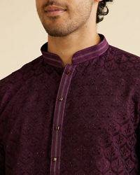 Manyavar Men Dark Purple Jaal Patterned Kurta Set with Rhinestones