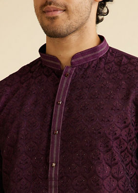 Manyavar Men Dark Purple Jaal Patterned Kurta Set with Rhinestones image number 1