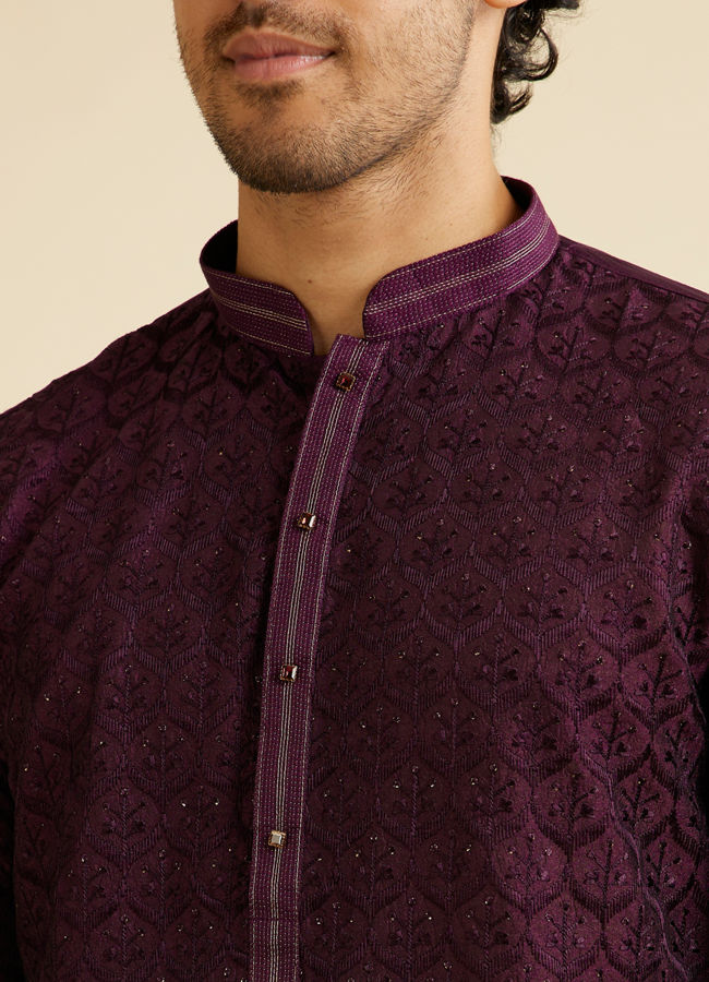 alt message - Manyavar Men Dark Purple Jaal Patterned Kurta Set with Rhinestones image number 1