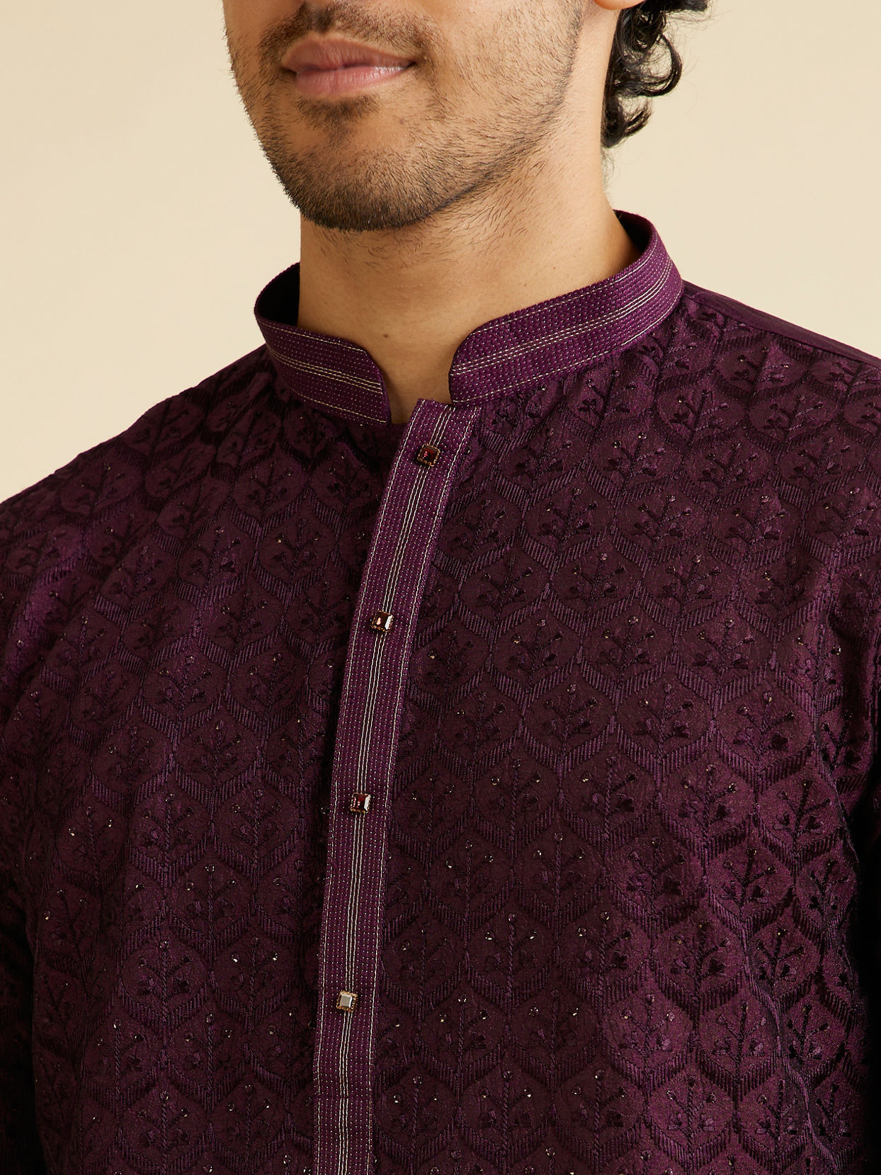 alt message - Manyavar Men Dark Purple Jaal Patterned Kurta Set with Rhinestones image number 1