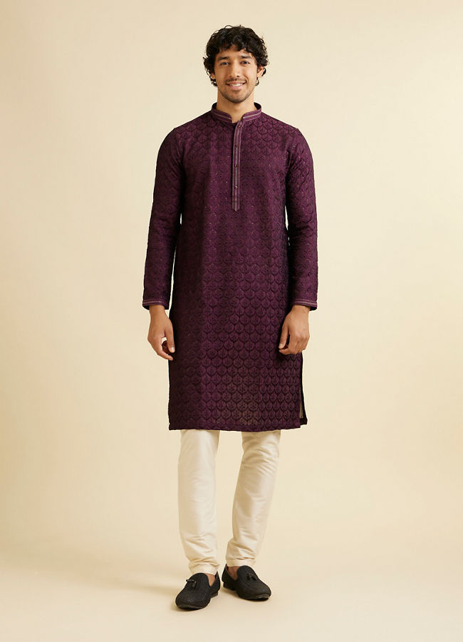 alt message - Manyavar Men Dark Purple Jaal Patterned Kurta Set with Rhinestones image number 2