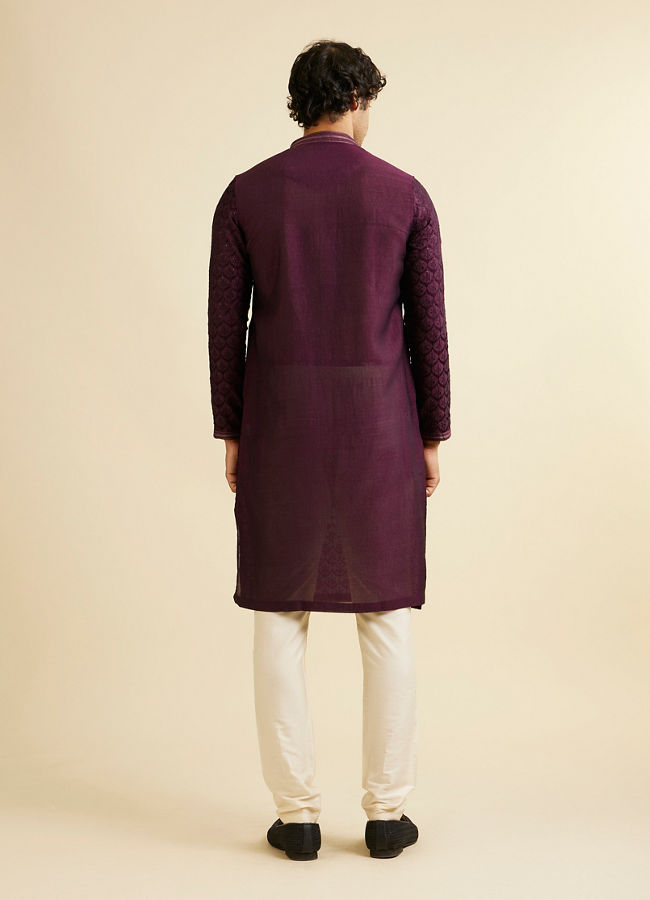 alt message - Manyavar Men Dark Purple Jaal Patterned Kurta Set with Rhinestones image number 4