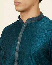 Manyavar Men Teal Blue Leaf Jaal Patterned Kurta Set