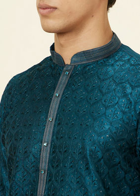 alt message - Manyavar Men Teal Blue Leaf Jaal Patterned Kurta Set image number 1