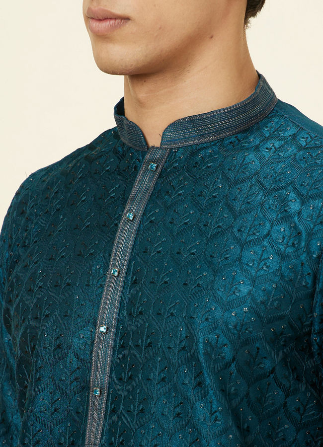 alt message - Manyavar Men Teal Blue Leaf Jaal Patterned Kurta Set image number 1