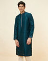 alt message - Manyavar Men Teal Blue Leaf Jaal Patterned Kurta Set image number 0