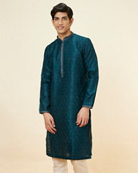 Manyavar Men Teal Blue Leaf Jaal Patterned Kurta Set