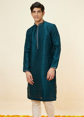 alt message - Manyavar Men Teal Blue Leaf Jaal Patterned Kurta Set image number 0