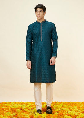 alt message - Manyavar Men Teal Blue Leaf Jaal Patterned Kurta Set image number 2