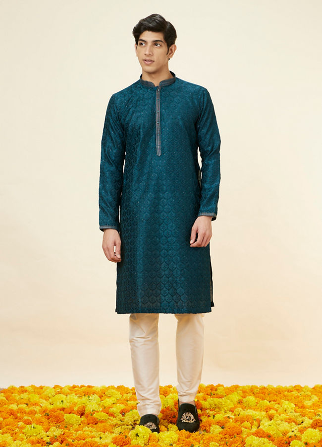 alt message - Manyavar Men Teal Blue Leaf Jaal Patterned Kurta Set image number 2