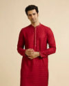 alt message - Manyavar Men Red Medallion Patterned Kurta Set with Rhinestones image number 0