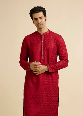 alt message - Manyavar Men Red Medallion Patterned Kurta Set with Rhinestones image number 0