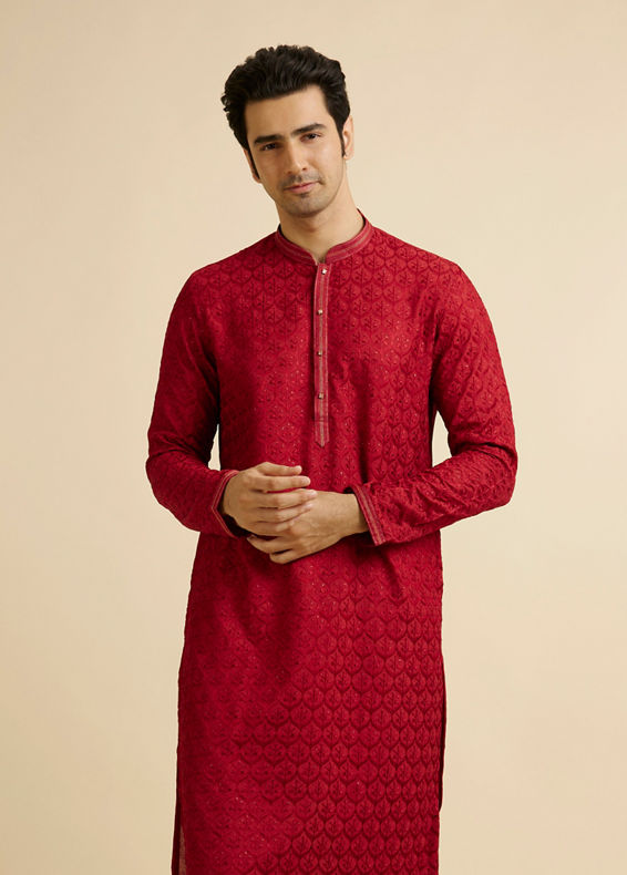 Manyavar Men Red Medallion Patterned Kurta Set with Rhinestones