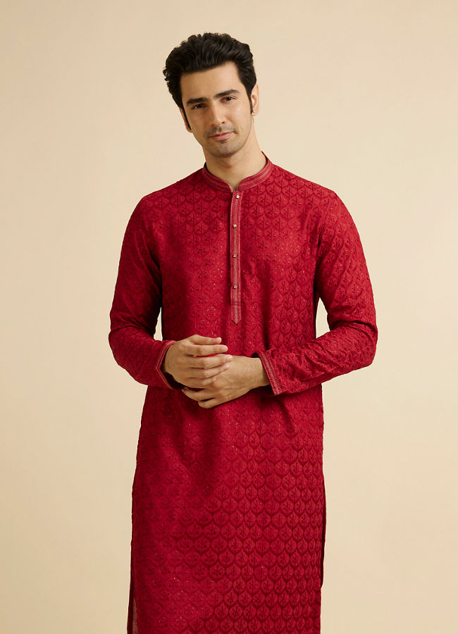 alt message - Manyavar Men Red Medallion Patterned Kurta Set with Rhinestones image number 0