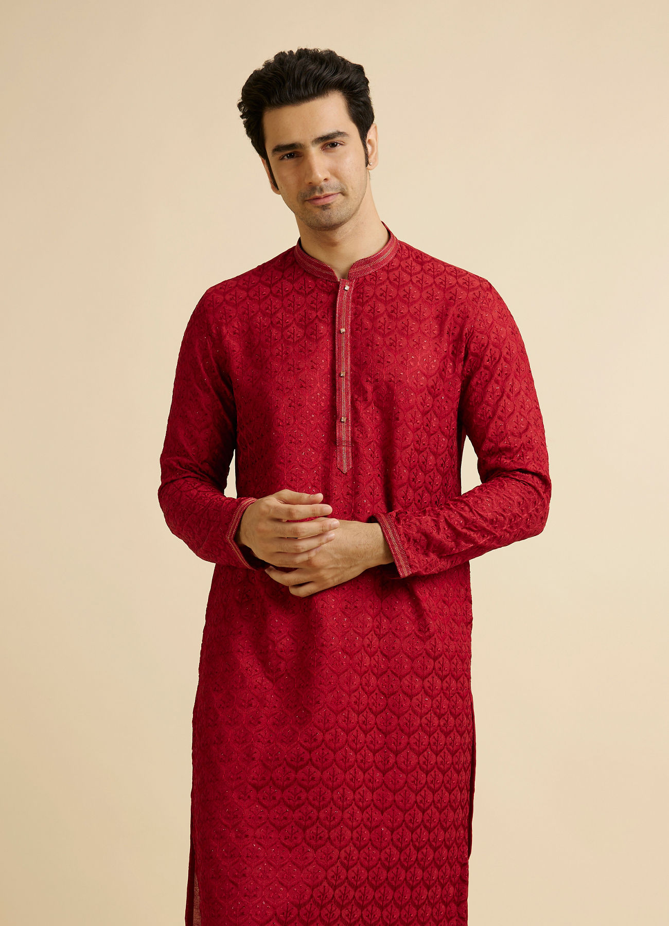 Manyavar Men Red Medallion Patterned Kurta Set with Rhinestones