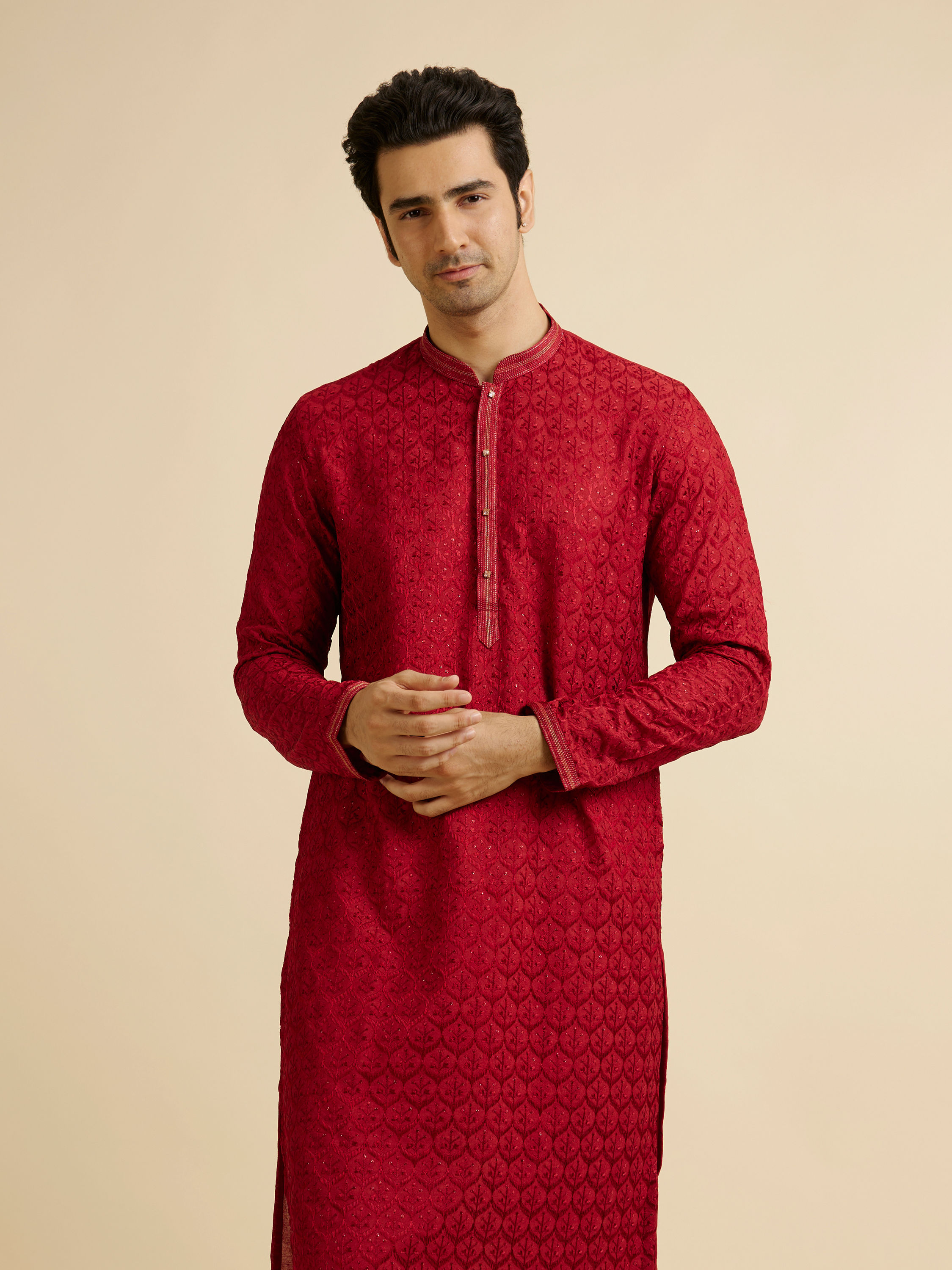 Manyavar Men Red Medallion Patterned Kurta Set with Rhinestones