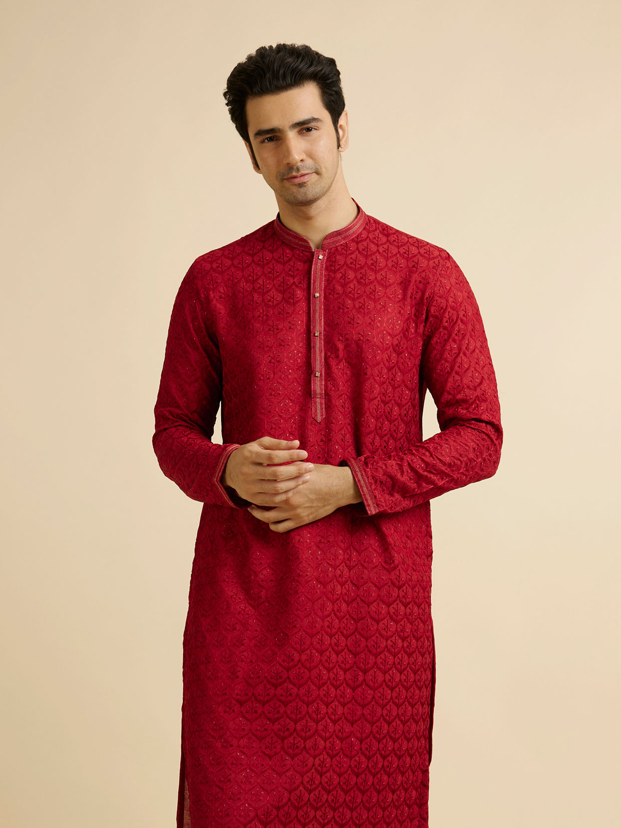 alt message - Manyavar Men Red Medallion Patterned Kurta Set with Rhinestones image number 0